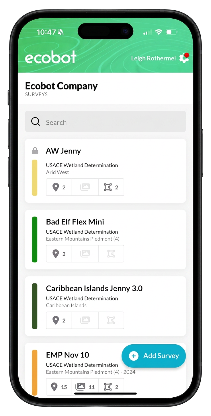 Ecobot Collector, survey list with color-coded status indicators