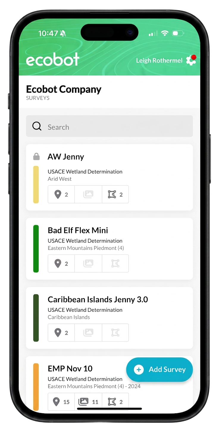 Ecobot Collector, survey list with color-coded status indicators