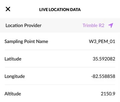 Ecobot Collector mobile app interface showing real-time GPS location data and coordinates for wetland survey points