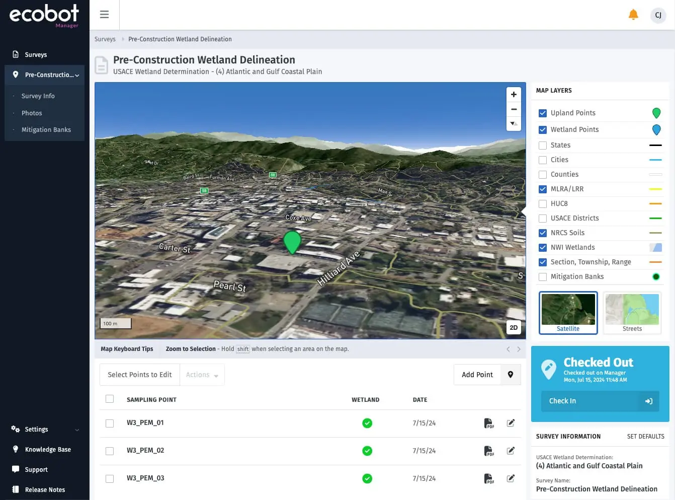 Ecobot Manager web dashboard displaying map view with multiple wetland survey data points and project overview